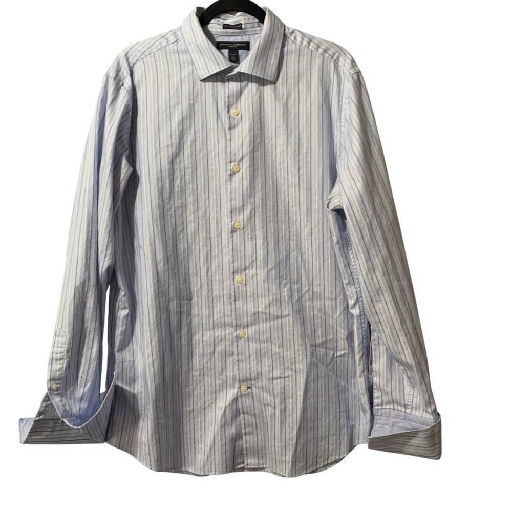 Banana Republic Mens Slim‎ Fit Dress Shirt 16-16.5 L Blue Stripe French Cuffs